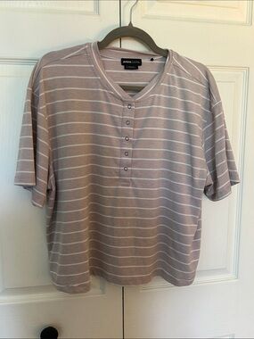 Prana Women’s Short Sleeve Henley - Tan with White Stripes